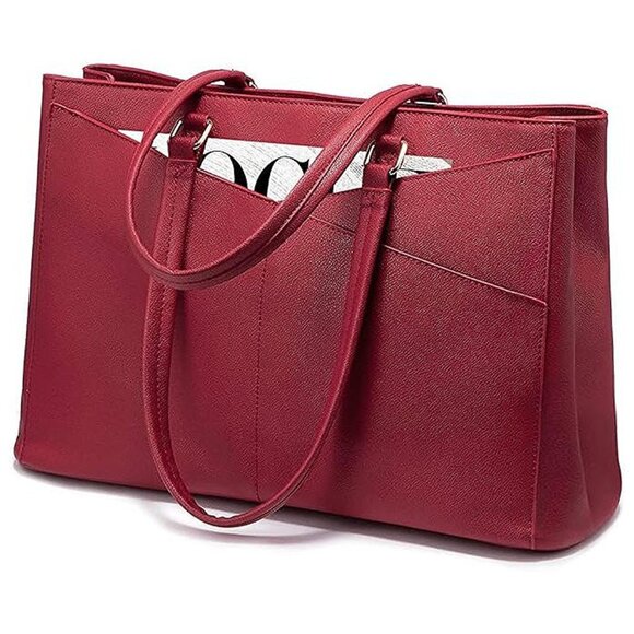 Laptop Tote Bag for Women 15.6 Inch Waterproof Leather Computer Bags Red - Picture 1 of 9
